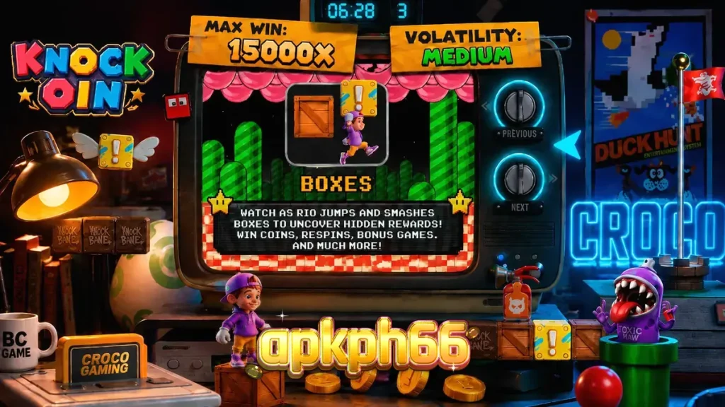 Tampilan visual retro 8-bit dari slot KNOCKOIN dengan karakter Rio di atas skateboard.