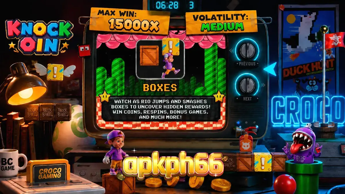 Tampilan visual retro 8-bit dari slot KNOCKOIN dengan karakter Rio di atas skateboard.